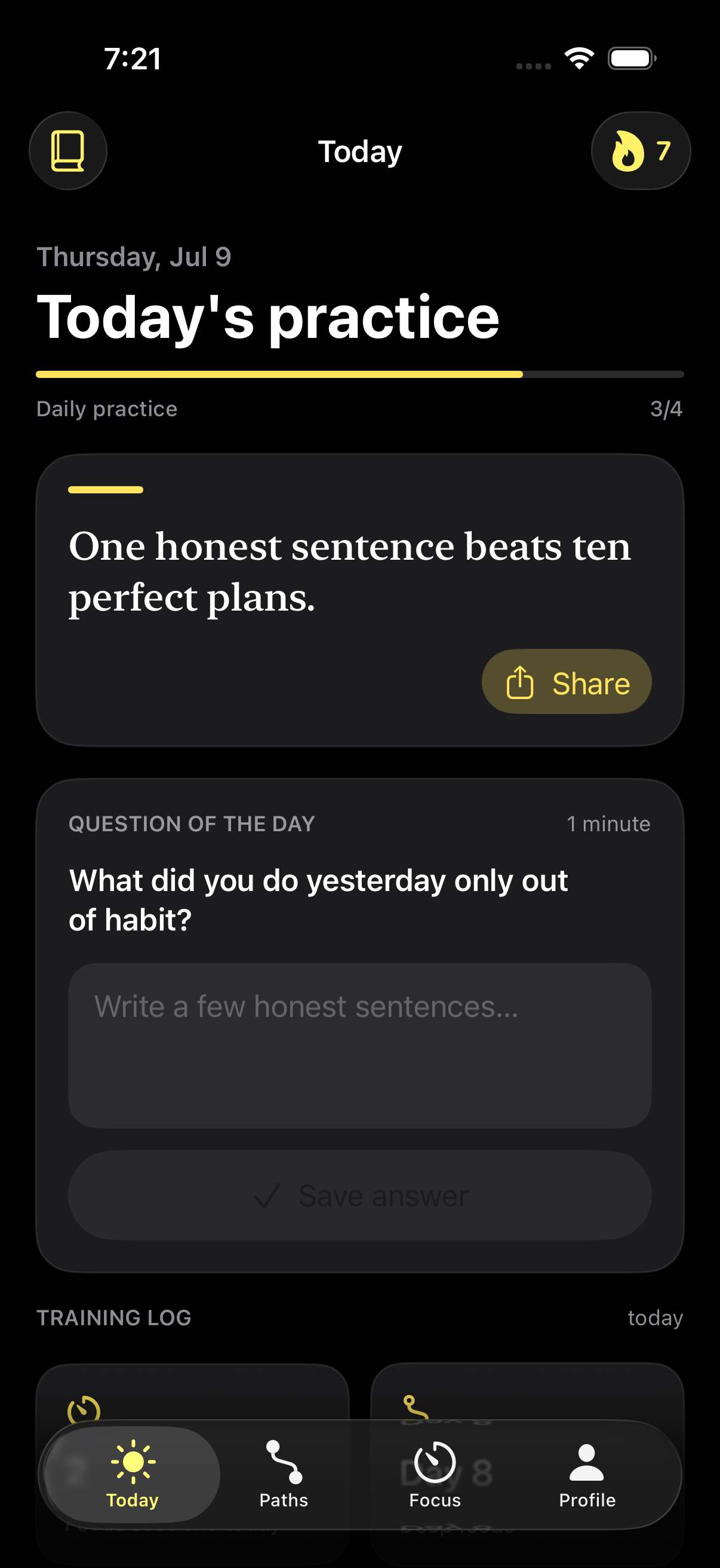 Think's Today screen showing the daily line, question of the day, and streak