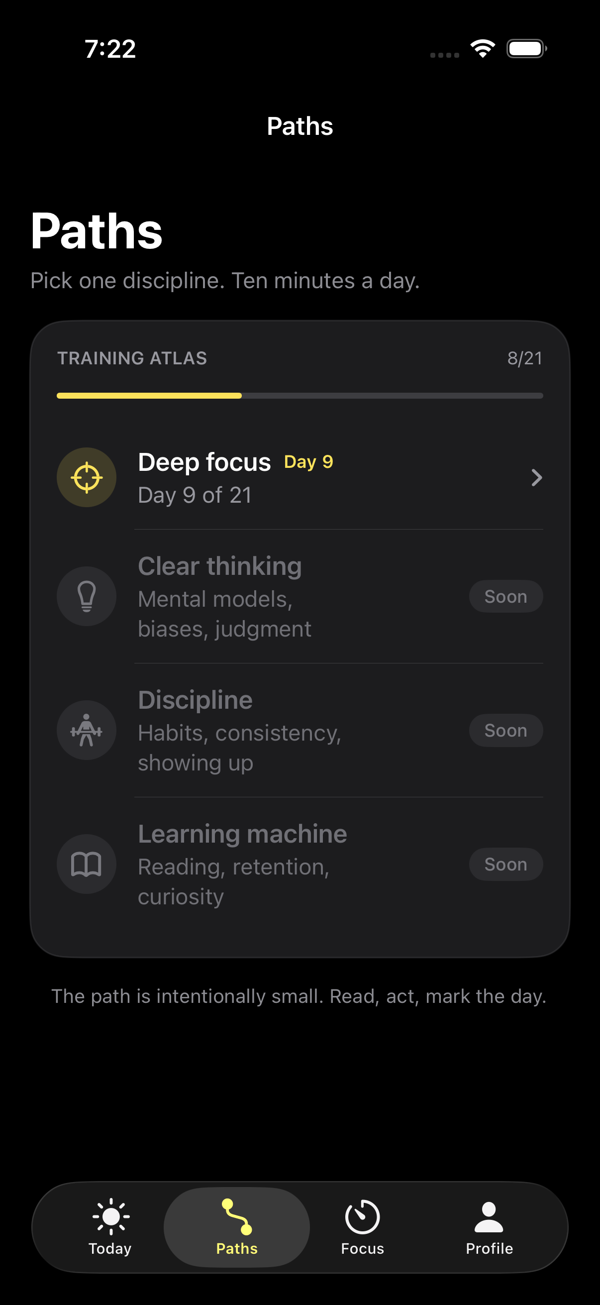 Think's Paths screen with 21-day tracks