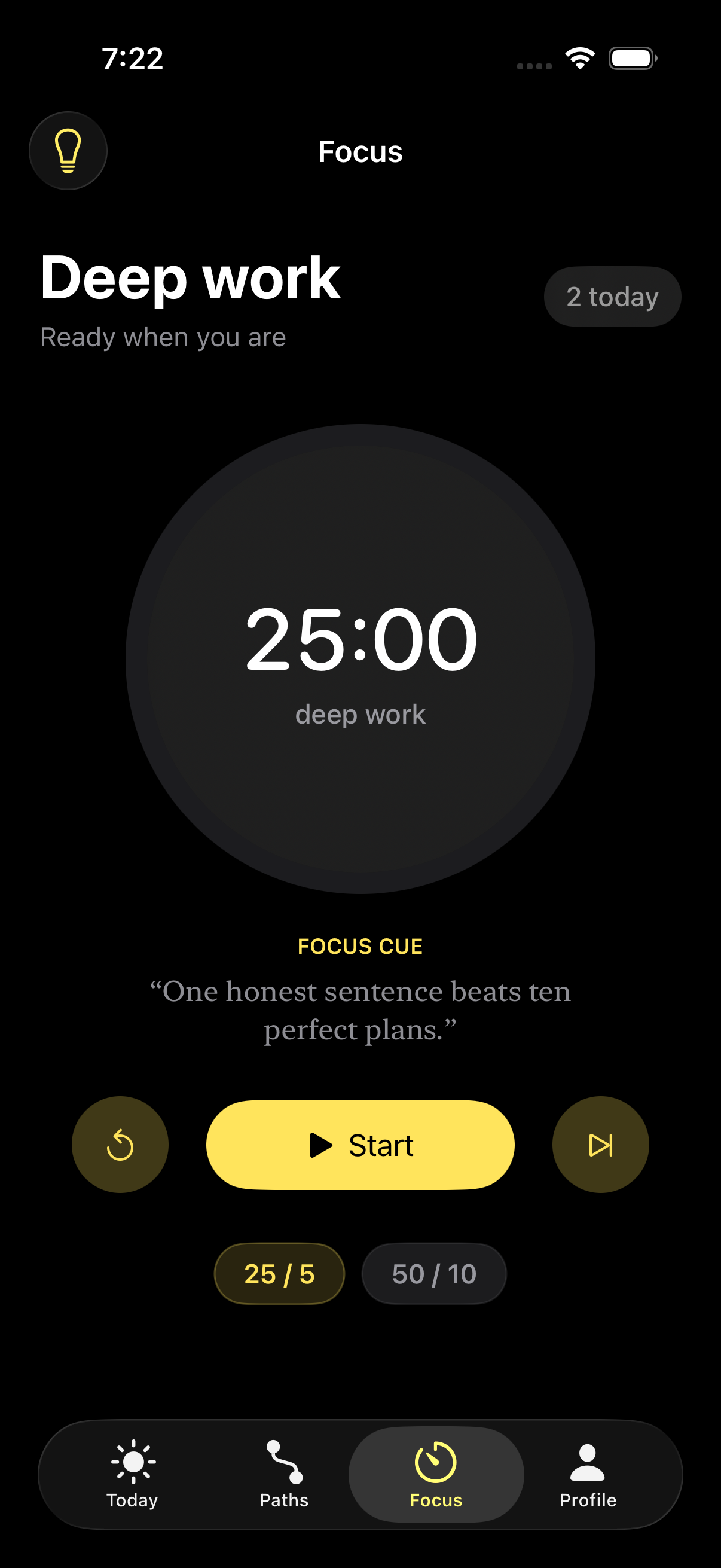 Think's Focus tab with a Pomodoro timer